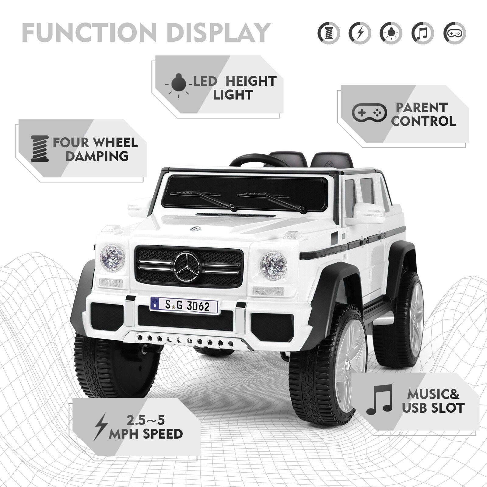 Mercedes-Benz 12V Kids Ride On Car with Music, LED Lights, Bluetooth, and Remote Control