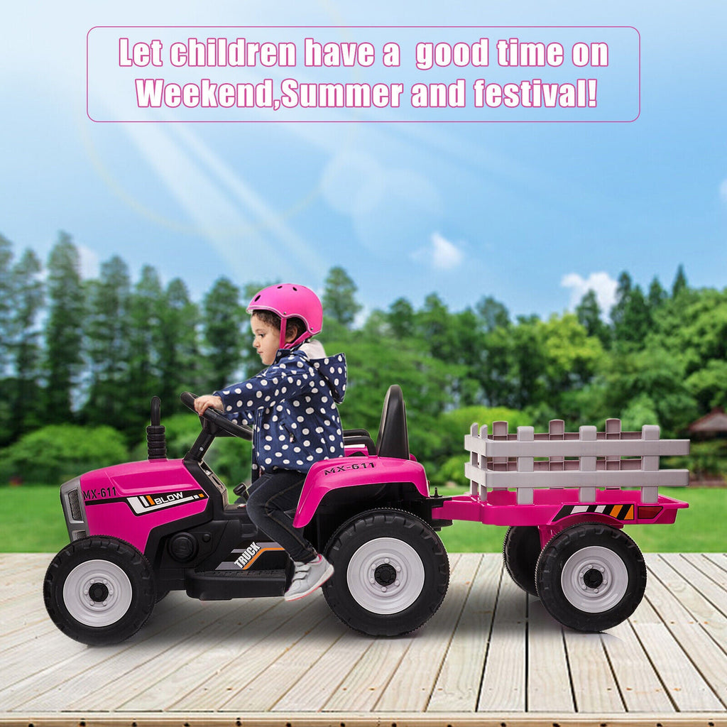 12V Kids Electric Tractor with Trailer and LED Lights - USB Compatible