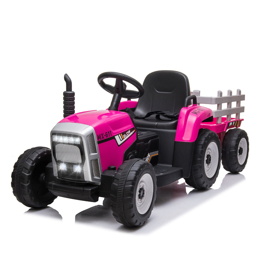 12V Kids Electric Tractor with Trailer and LED Lights - USB Compatible
