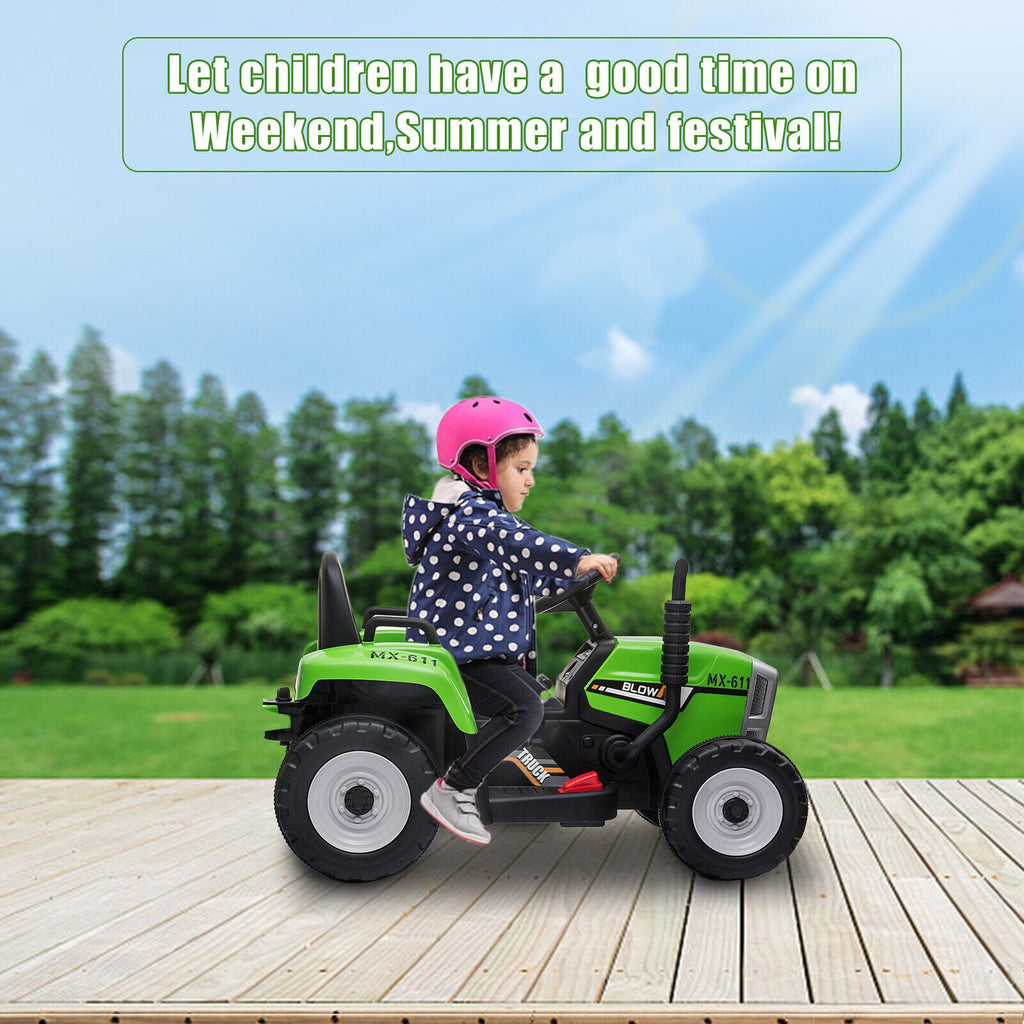 12V Kids Electric Tractor with Trailer and LED Lights - USB Compatible