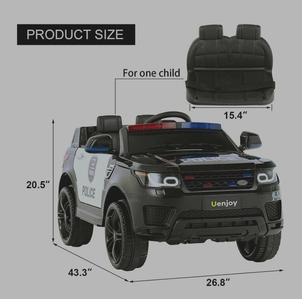 12V Kids Police Car SUV with Remote Control, Sirens, Megaphone, Lights, and Doors - AUX Compatible