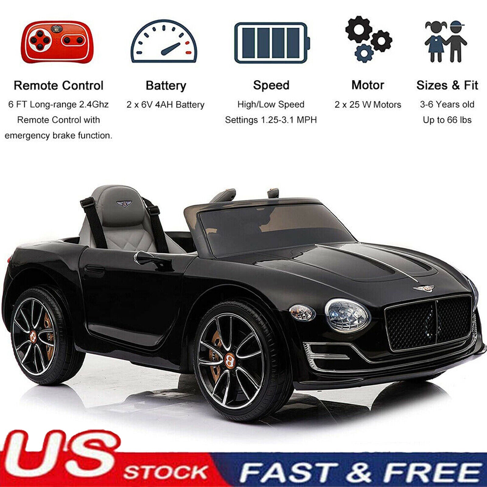 Bentley Style 12V Electric Ride On Toy Car with Remote Control and LED Lights