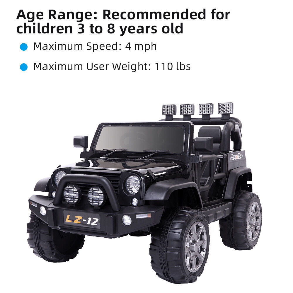 12V Kids Ride-On Jeep with Music, RC Remote Control, and Black Finish