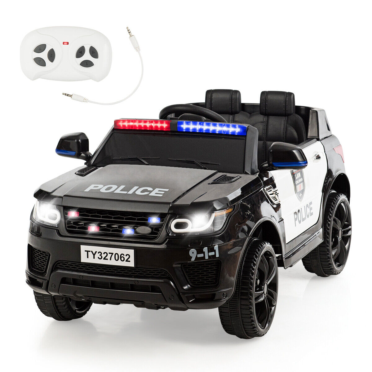 12V Kids Ride On Police Car with RC Control, Light & Siren - Black