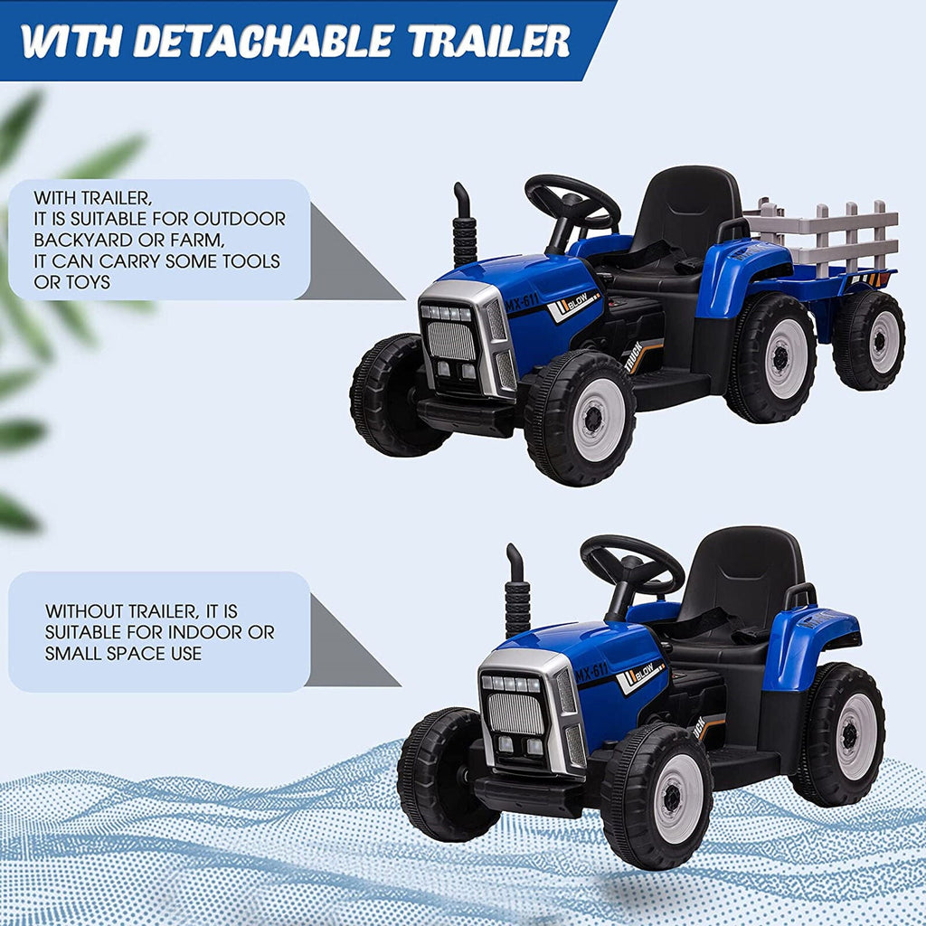 12V Kids Ride On Tractor Trailer with Lights - Battery Powered Toy Car