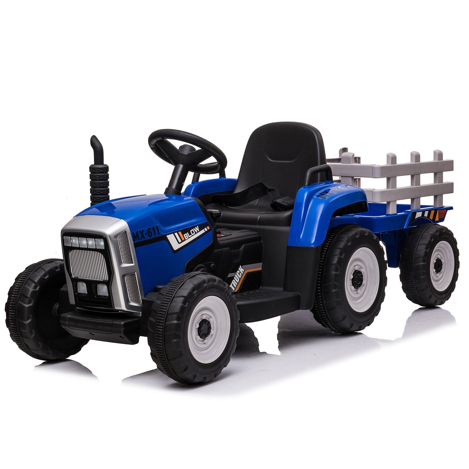 12V Kids Ride On Tractor Trailer with Lights - Battery Powered Toy Car