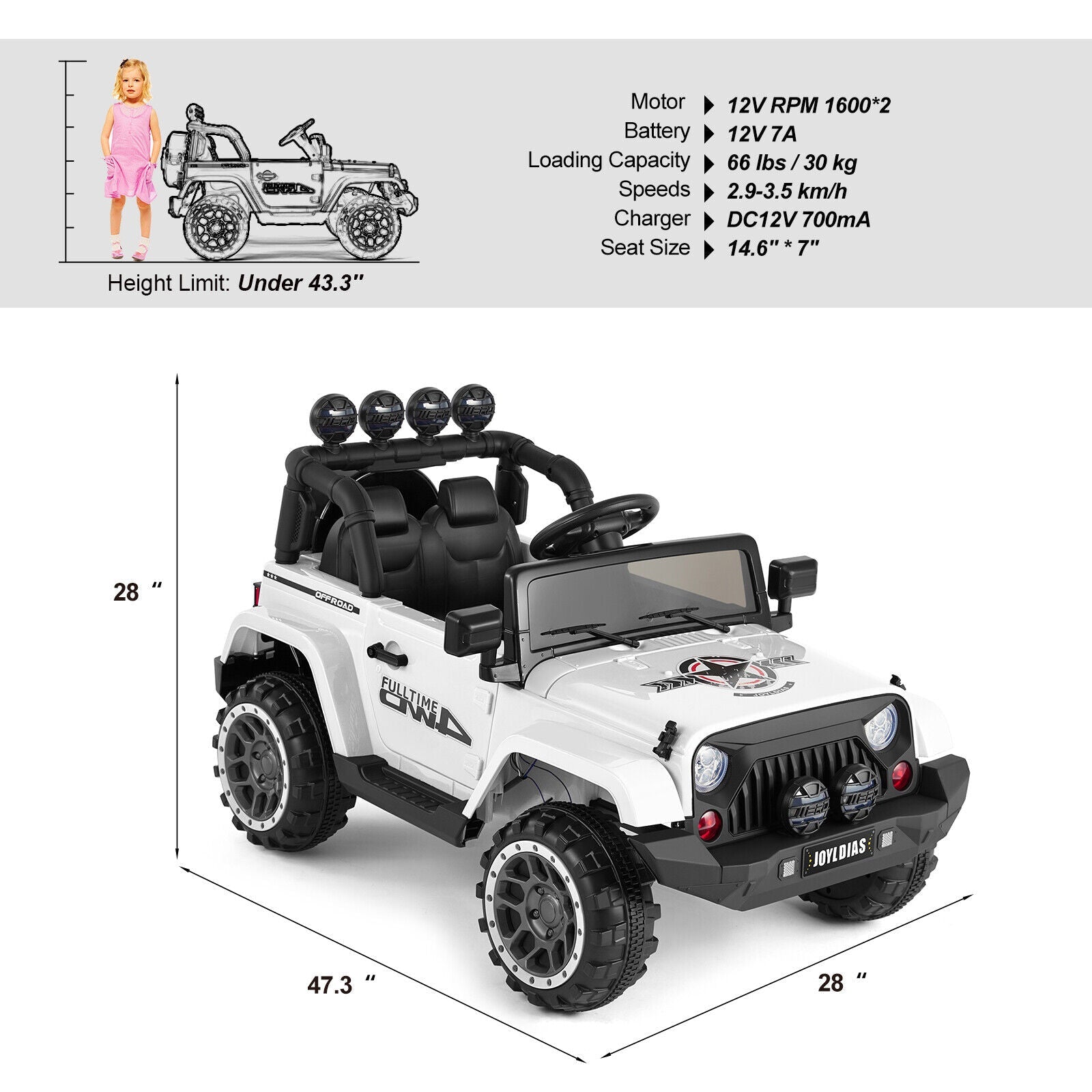 12V Electric Ride On Truck for Kids with Storage, LED Lights, MP3 Player, Bluetooth, and Remote Control - White