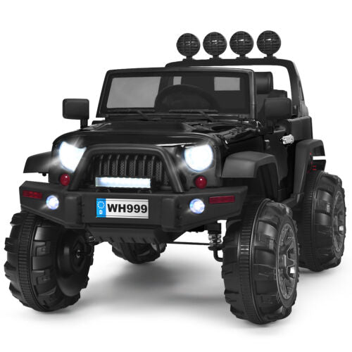 12V Kids Ride On Truck with RC Control, LED Lights, Music, and Spring Suspension in Black