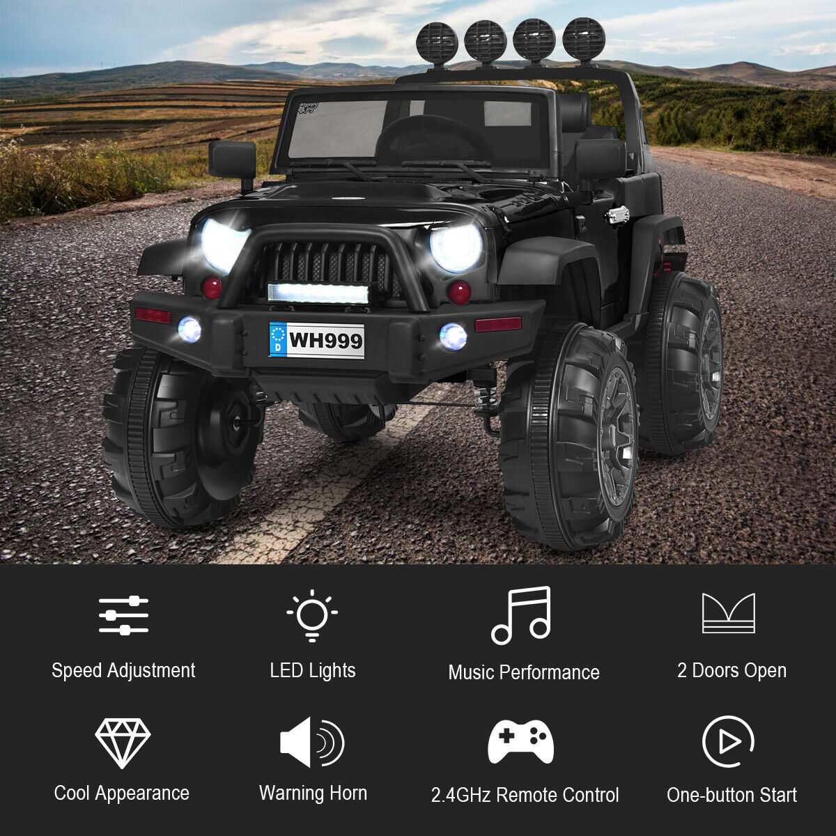 12V Kids Ride On Truck with RC Control, LED Lights, Music, and Spring Suspension in Black