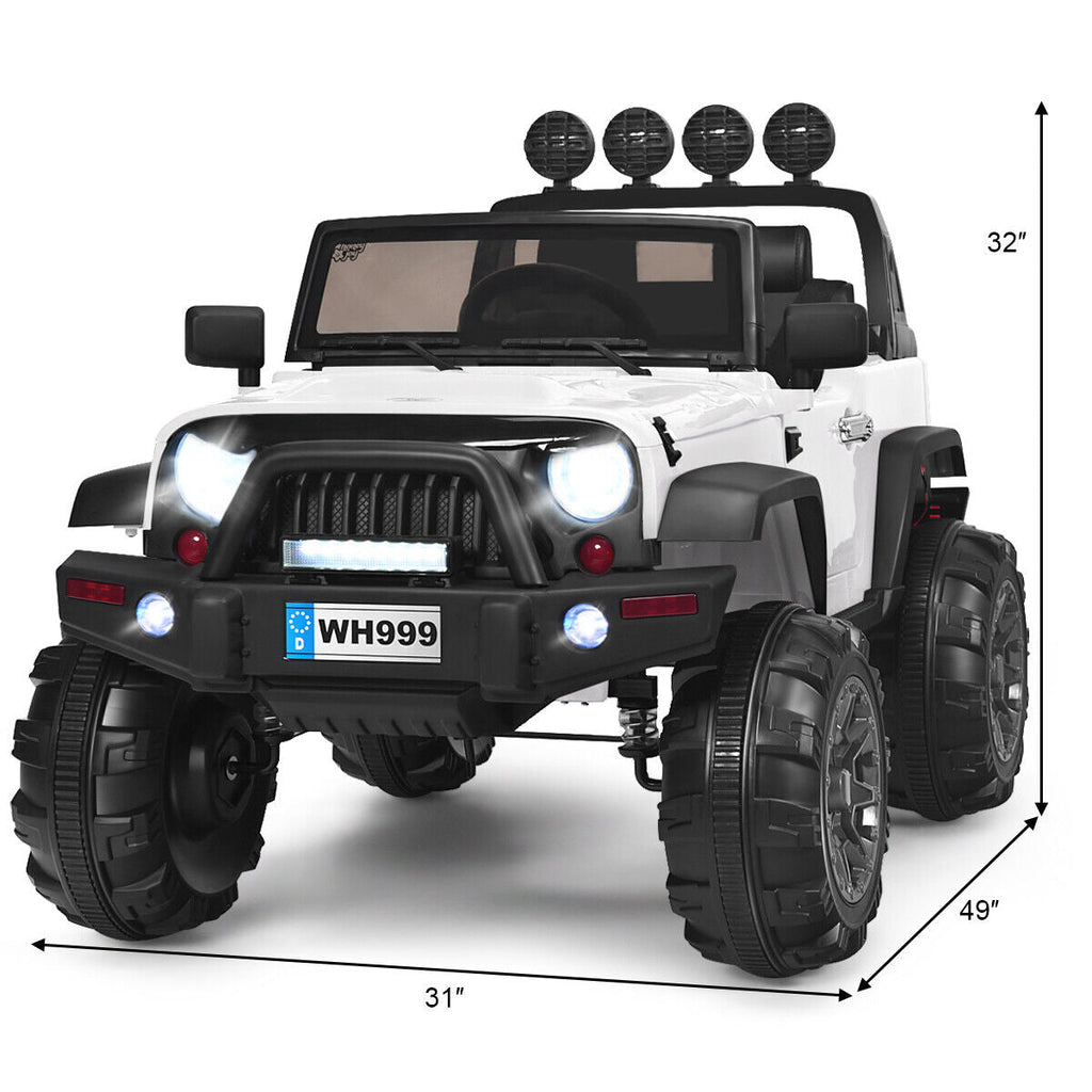 12V Kids Ride On Truck with RC Control, LED Lights, Music, and Spring Suspension in White