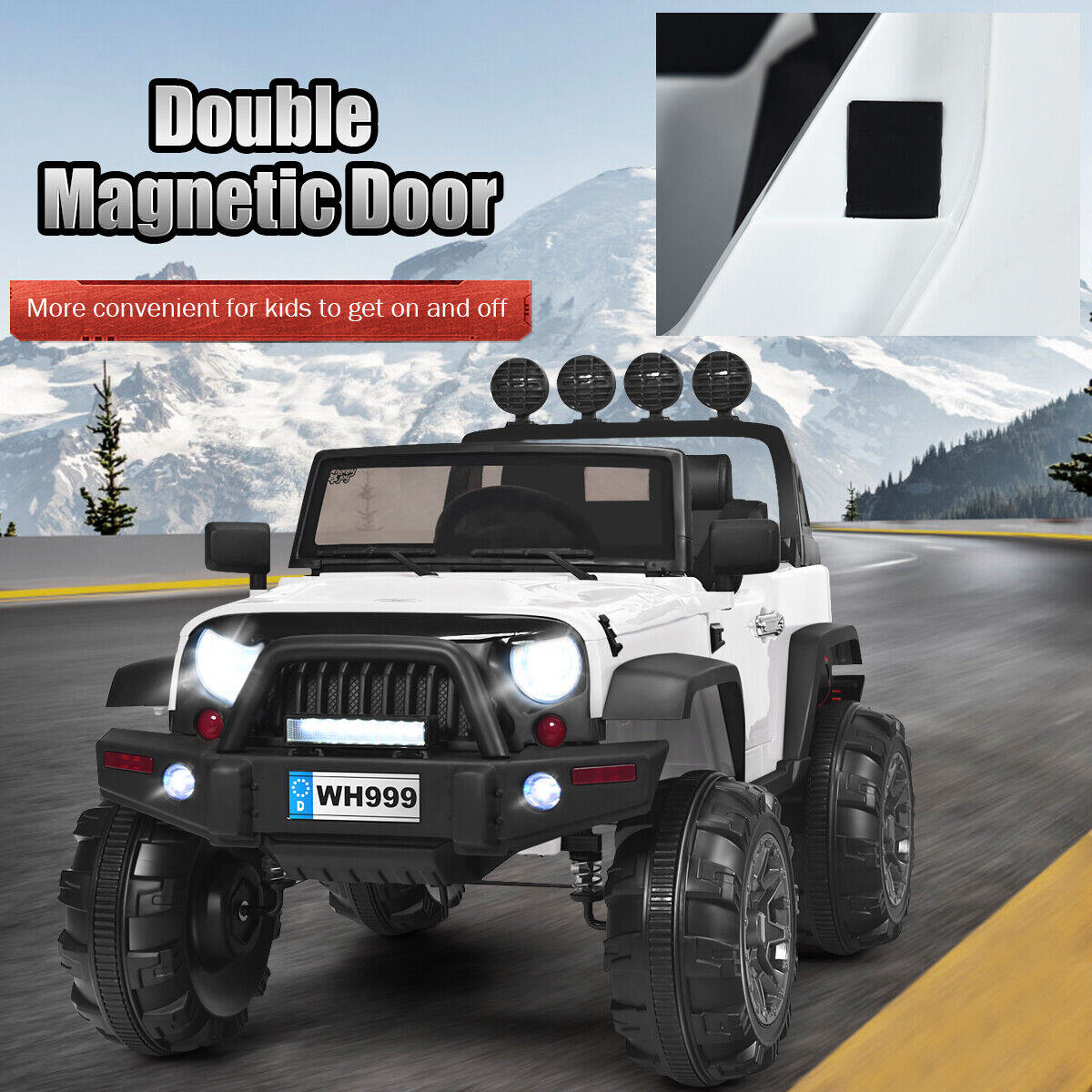12V Kids Ride On Truck with RC Control, LED Lights, Music, and Spring Suspension in White