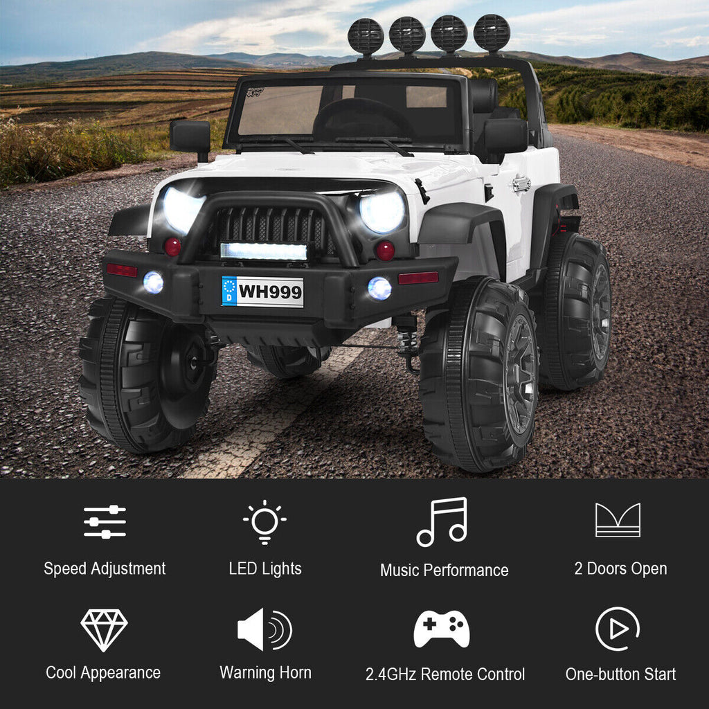 12V Kids Ride On Truck with RC Control, LED Lights, Music, and Spring Suspension in White
