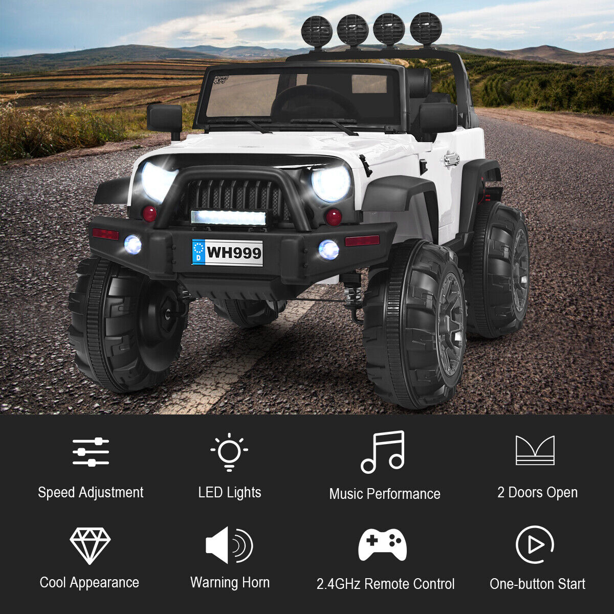 12V Kids Ride On Truck with RC Control, LED Lights, Music, and Spring Suspension in White