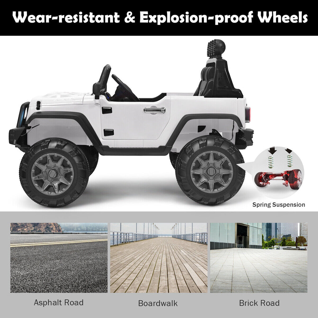 12V Kids Ride On Truck with RC Control, LED Lights, Music, and Spring Suspension in White