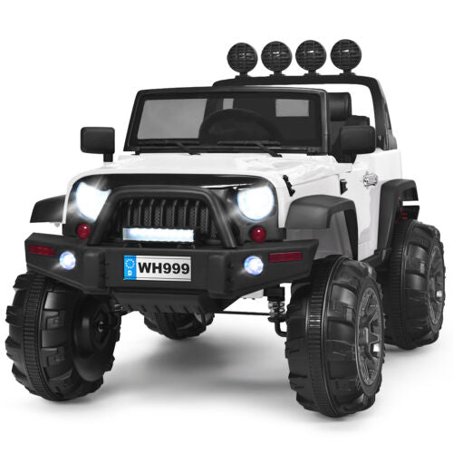 12V Kids Ride On Truck with RC Control, Spring Suspension, Light & Music, and Trunk in White