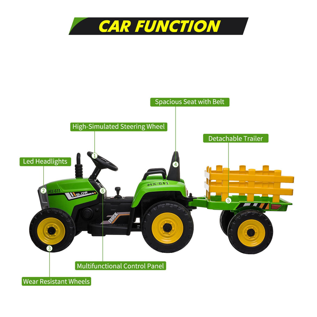 12V Kids Ride-On Truck with Remote Control and Trailer - Battery Powered Toy Tractor