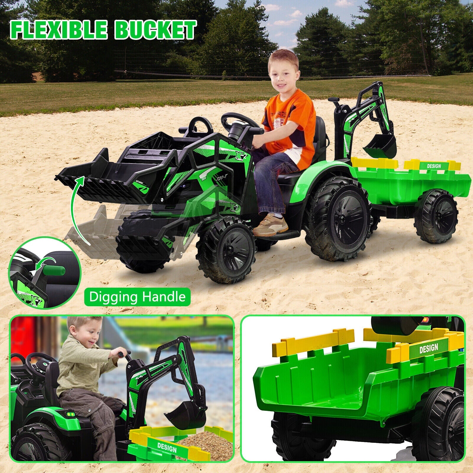 12V Kids Tractor Ride On Toy Car with Trailer, Music, and LED Lights - Perfect Gift for Toddlers