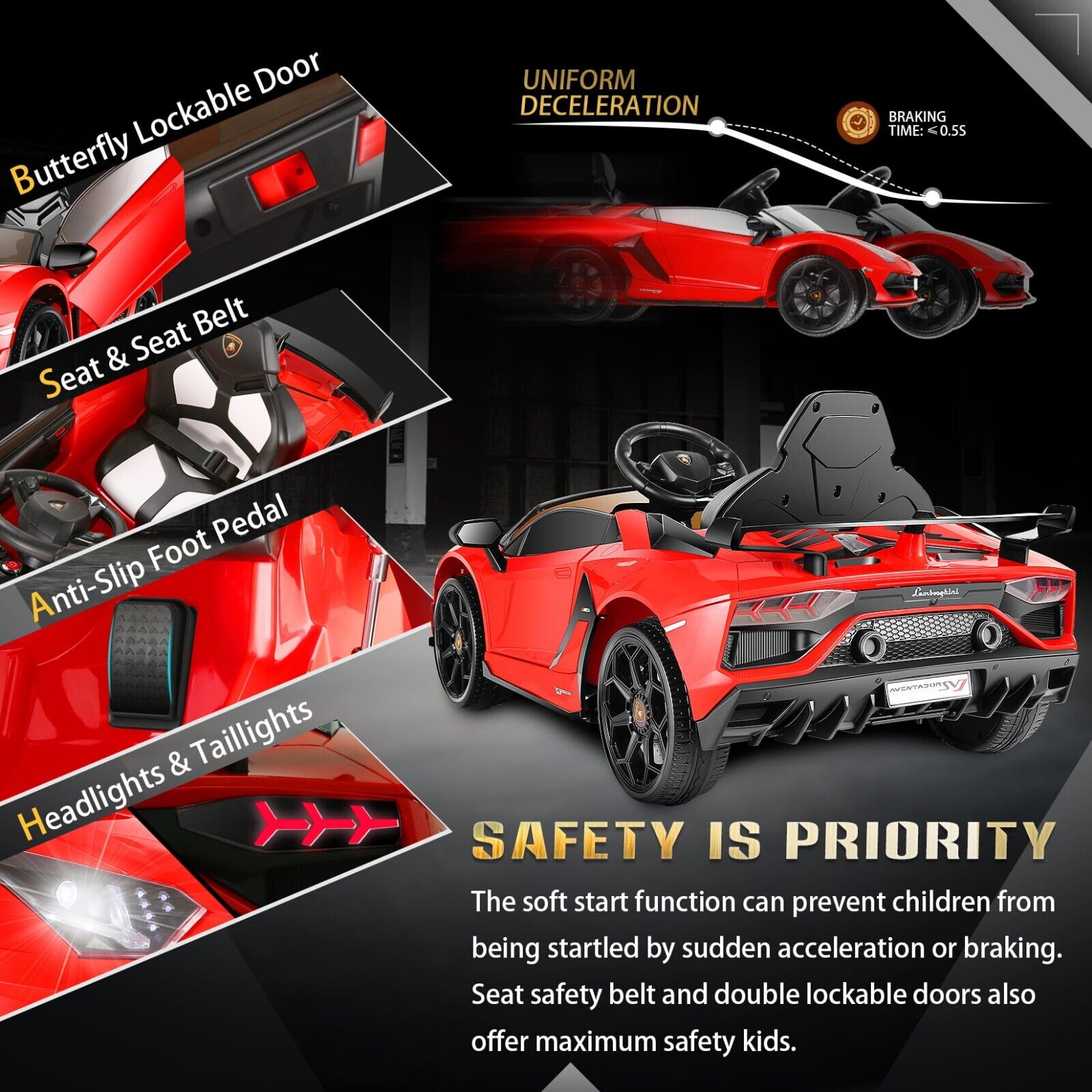 Licensed Lamborghini 70W Electric Ride-On Car with Hydraulic Doors for Kids
