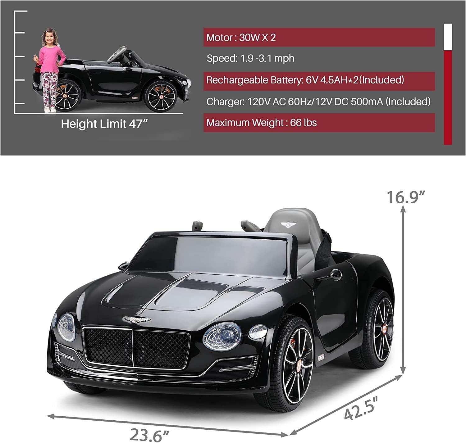 12V Licensed Bentley Electric Ride-On Car for Kids with Remote Control and 4 Wheels