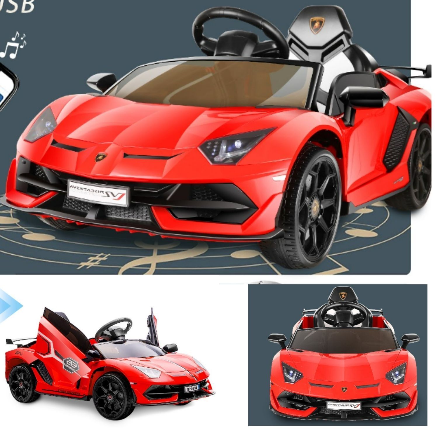 12V Licensed Lamborghini Ride-On Car with 3 Speeds, RC Headlights, and Hydraulic Doors
