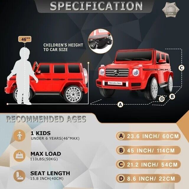 Licensed Mercedes Benz G500 4WD Electric Ride On Car for Kids with Remote Control and LED Lights - 12V