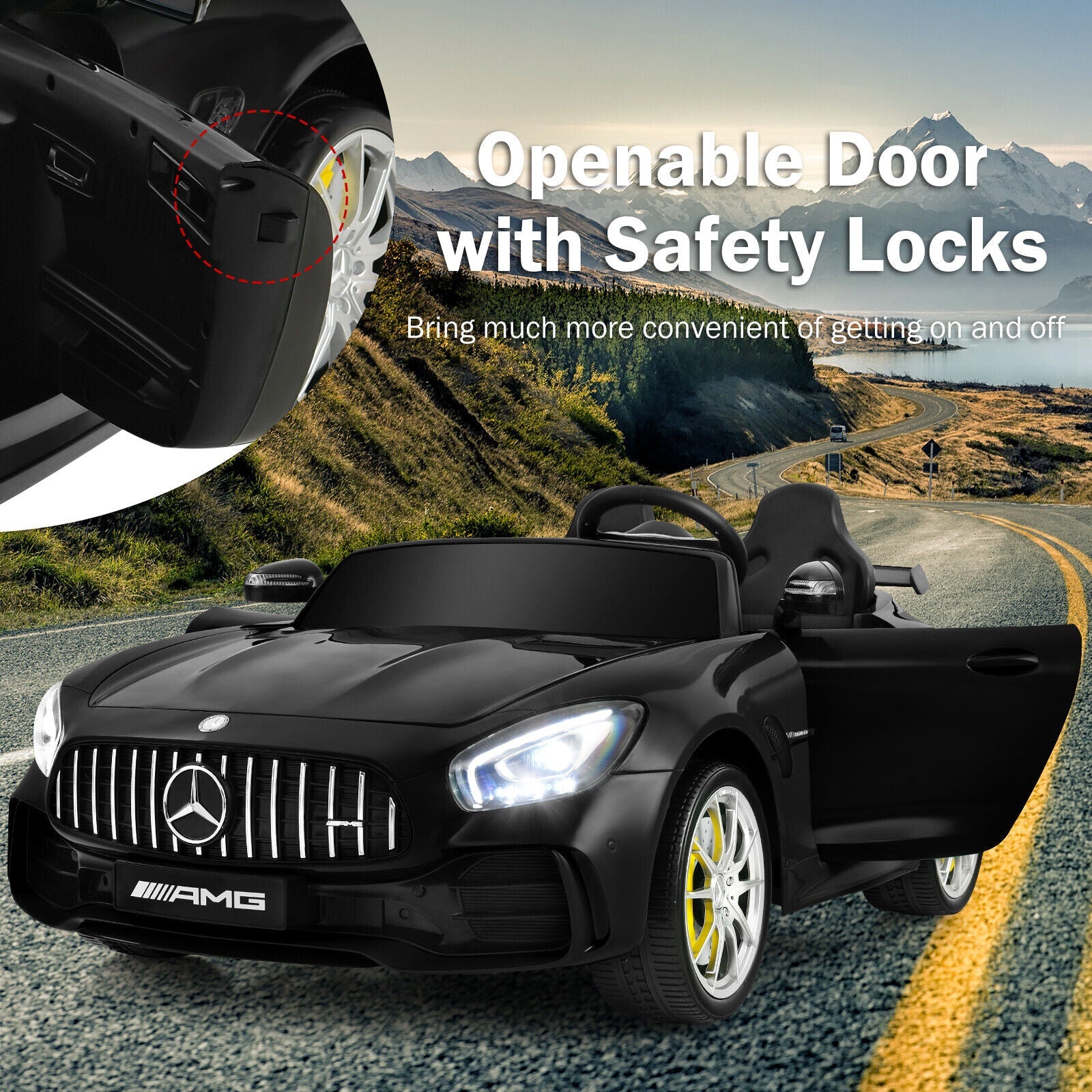 12V Mercedes Benz AMG GTR Kids Ride On Car with Remote Control and LED Lights in Black