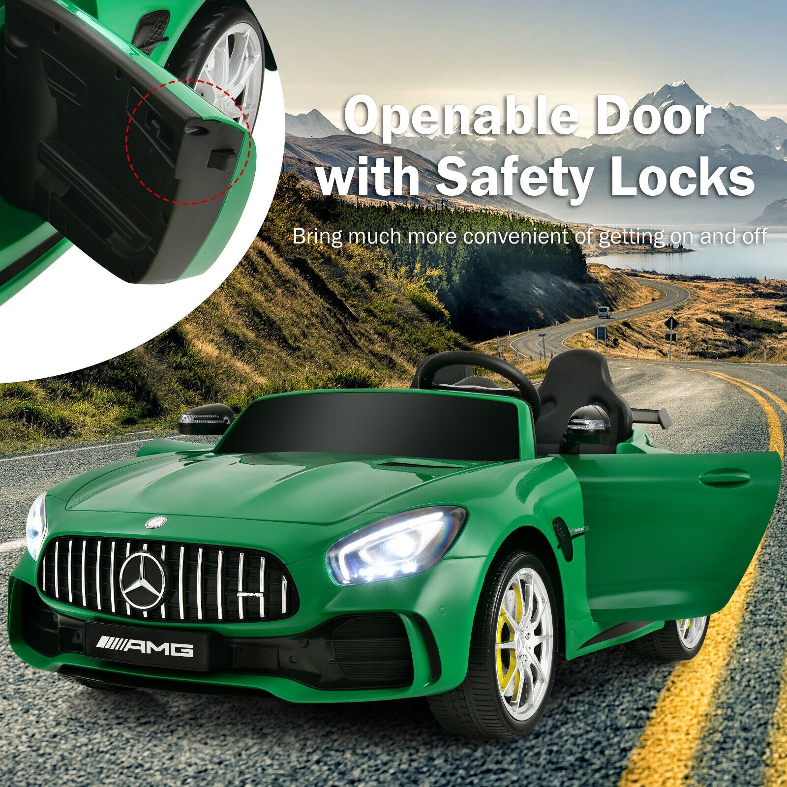 12V Mercedes Benz AMG GTR Kids Ride On Car with Remote Control and LED Lights in Green