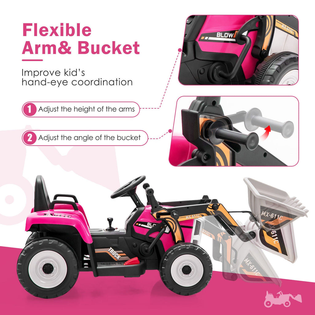 12V Pink Battery-Powered Excavator with Adjustable Arm for Kids