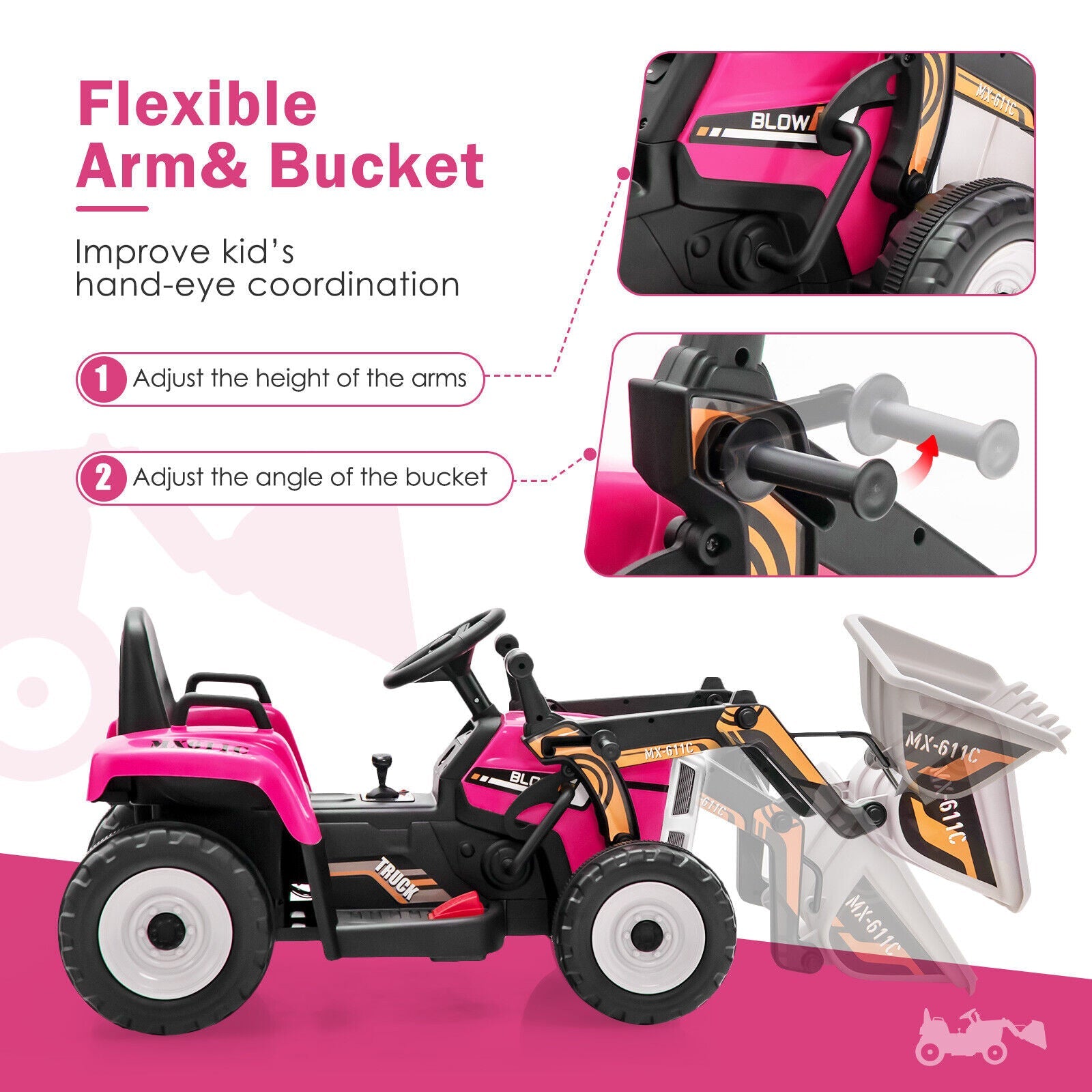 12V Pink Battery-Powered Excavator with Adjustable Arm for Kids