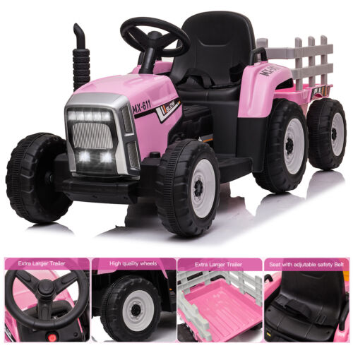 12V Pink Electric Ride-On Tractor with Trailer Bucket for Kids