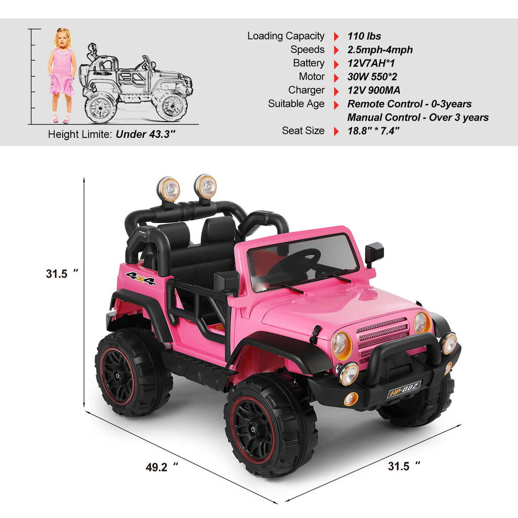 12V Pink Kids Ride on Truck with MP3, LED Light, RC, and Cover - Black