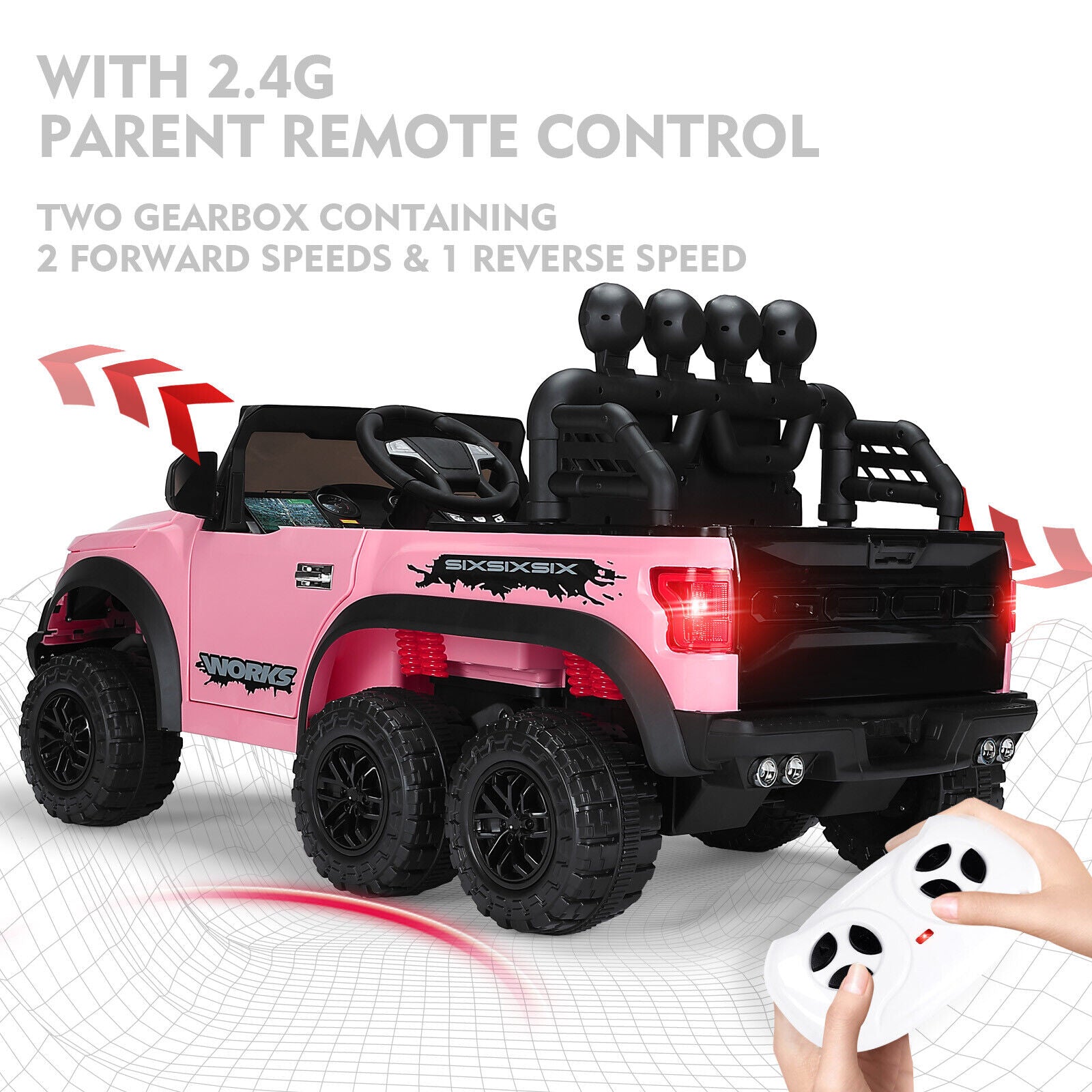 12V Pink Kids Ride On Truck with RC, LED, MP3, and 6 Wheels
