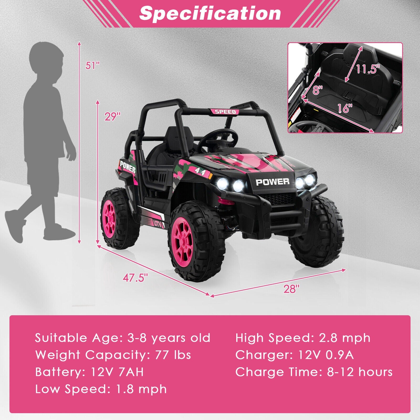 12V Pink Off-Road Truck for Kids with Realistic Horns and Engine Sounds