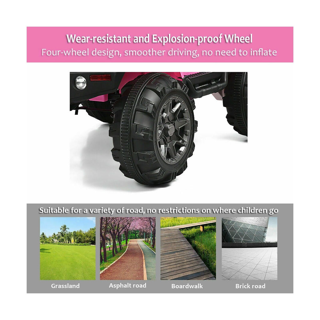 12V Pink Ride On Truck with Remote Control, MP3 Music, and LED Lights for Kids