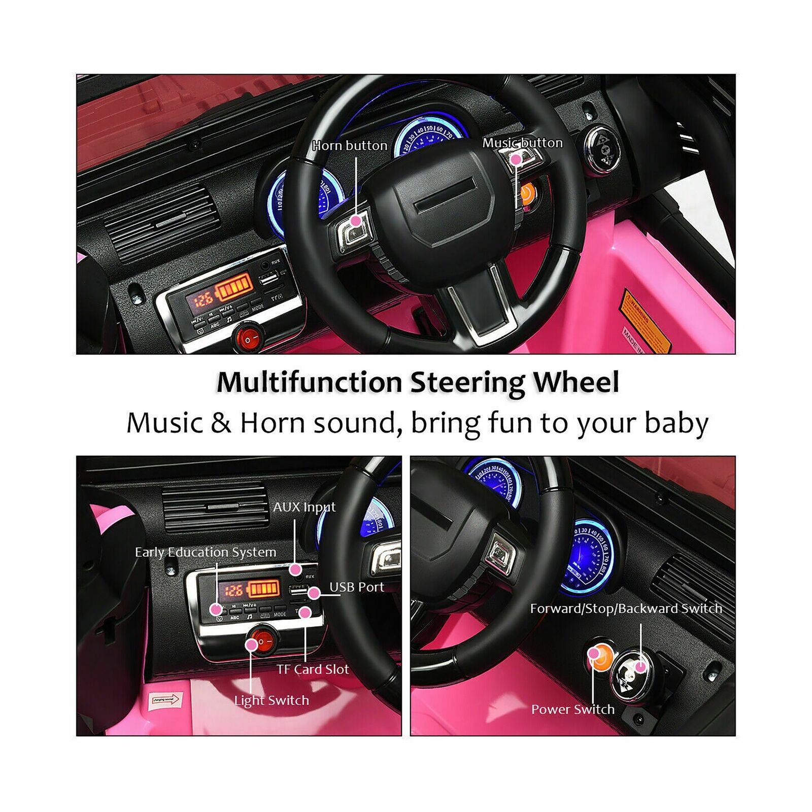 12V Pink Ride On Truck with Remote Control, MP3 Music, and LED Lights for Kids