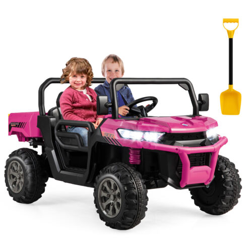 12V Pink UTV Dump Truck Ride-On with Remote Control, Electric Dump Bed, and Shovel Attachment