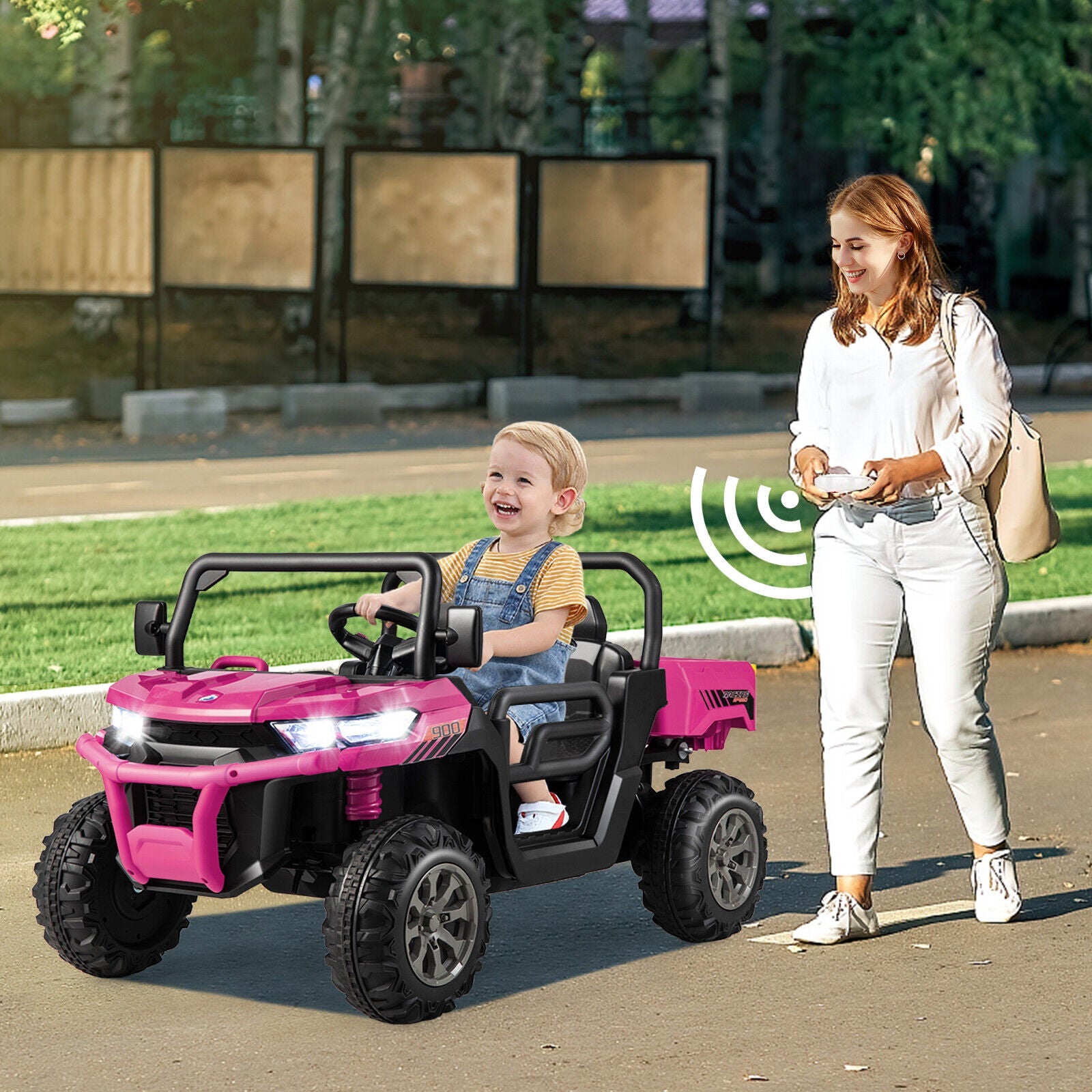 12V Pink UTV Dump Truck Ride-On with Remote Control, Electric Dump Bed, and Shovel Attachment