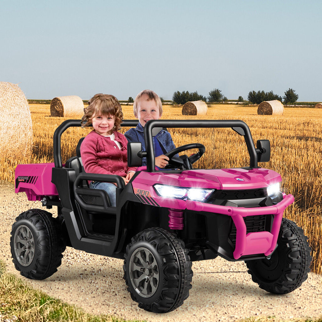 12V Pink UTV Dump Truck Ride-On with Remote Control, Electric Dump Bed, and Shovel Attachment