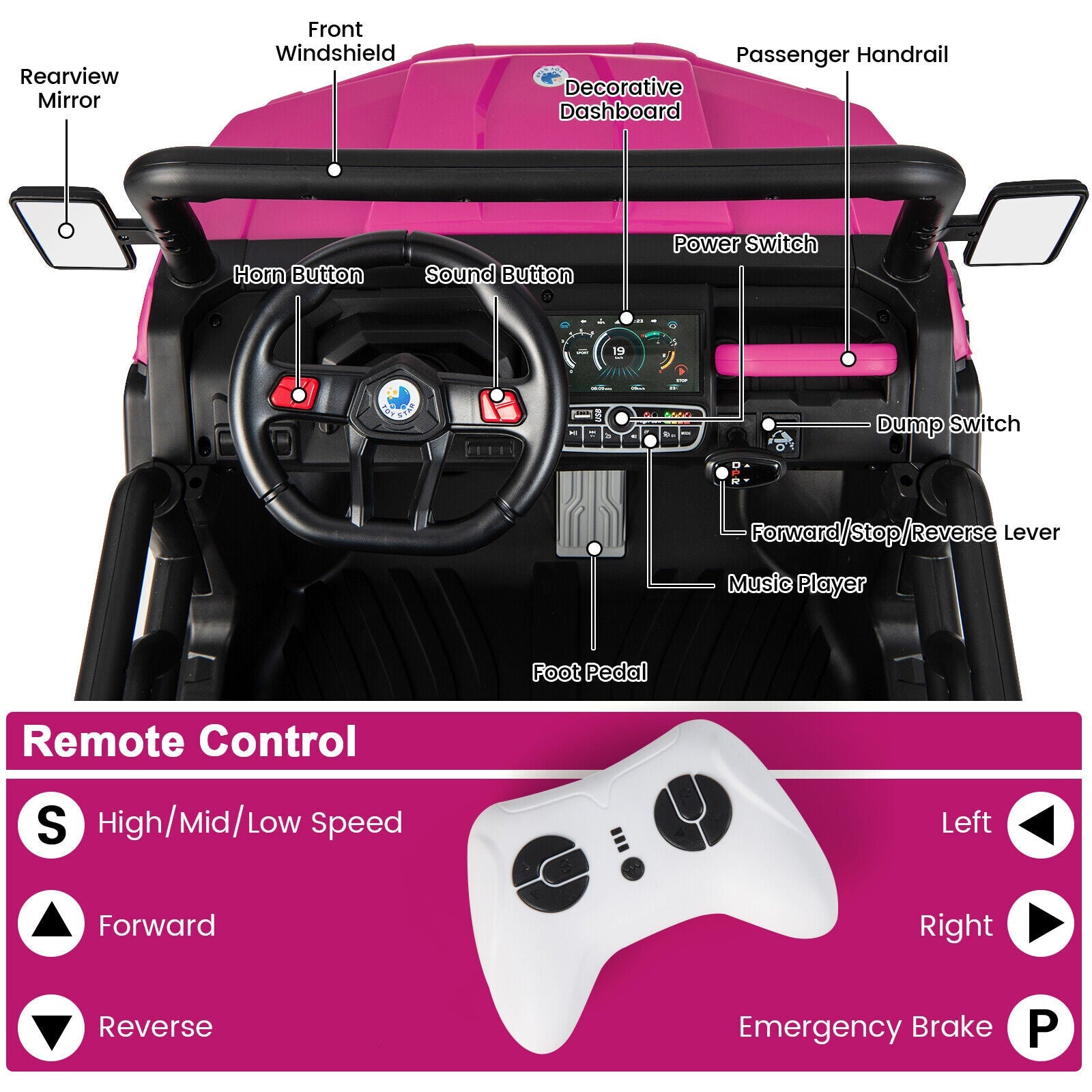 12V Pink UTV Dump Truck Ride-On with Remote Control, Electric Dump Bed, and Shovel Attachment