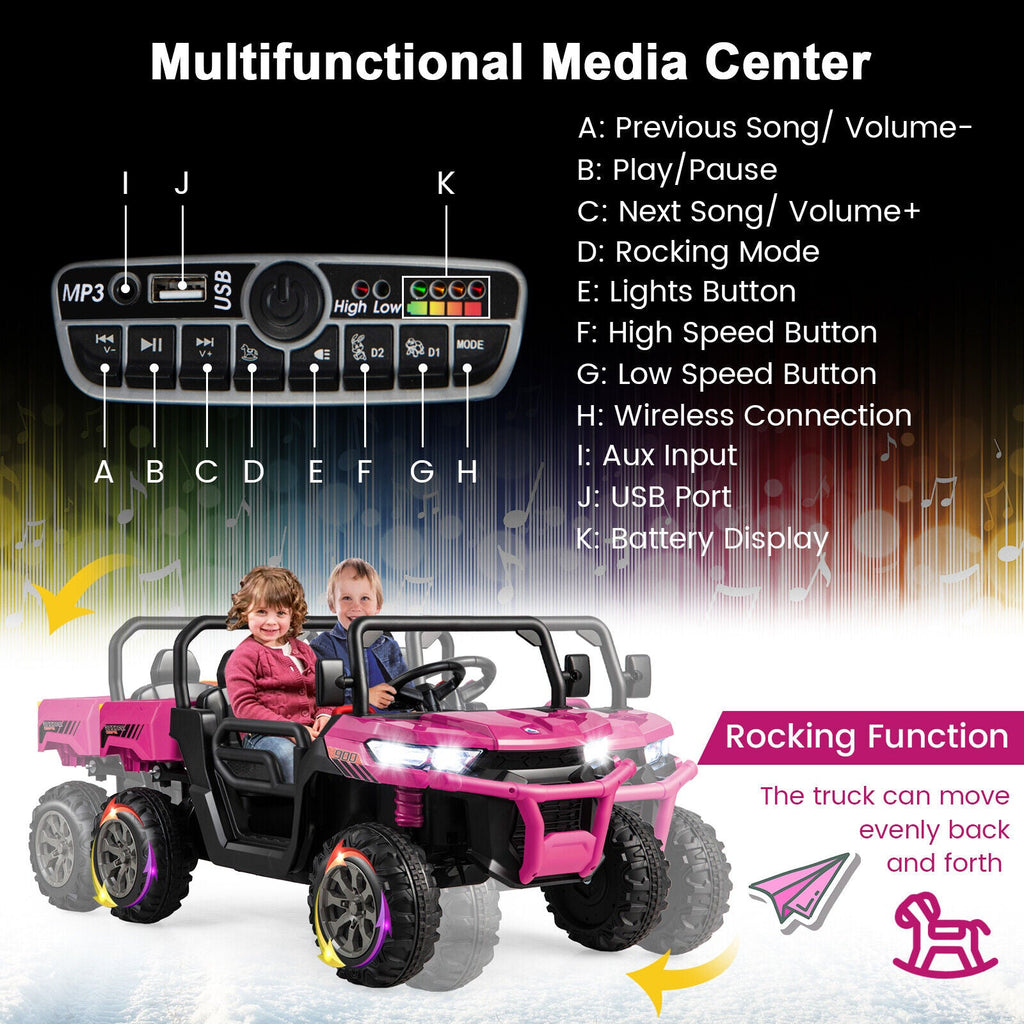 12V Pink UTV Dump Truck Ride-On with Remote Control, Electric Dump Bed, and Shovel Attachment