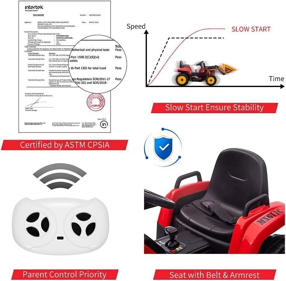 12V RC Excavator Ride-On Tractor with Music, Headlights, and Horn for Kids