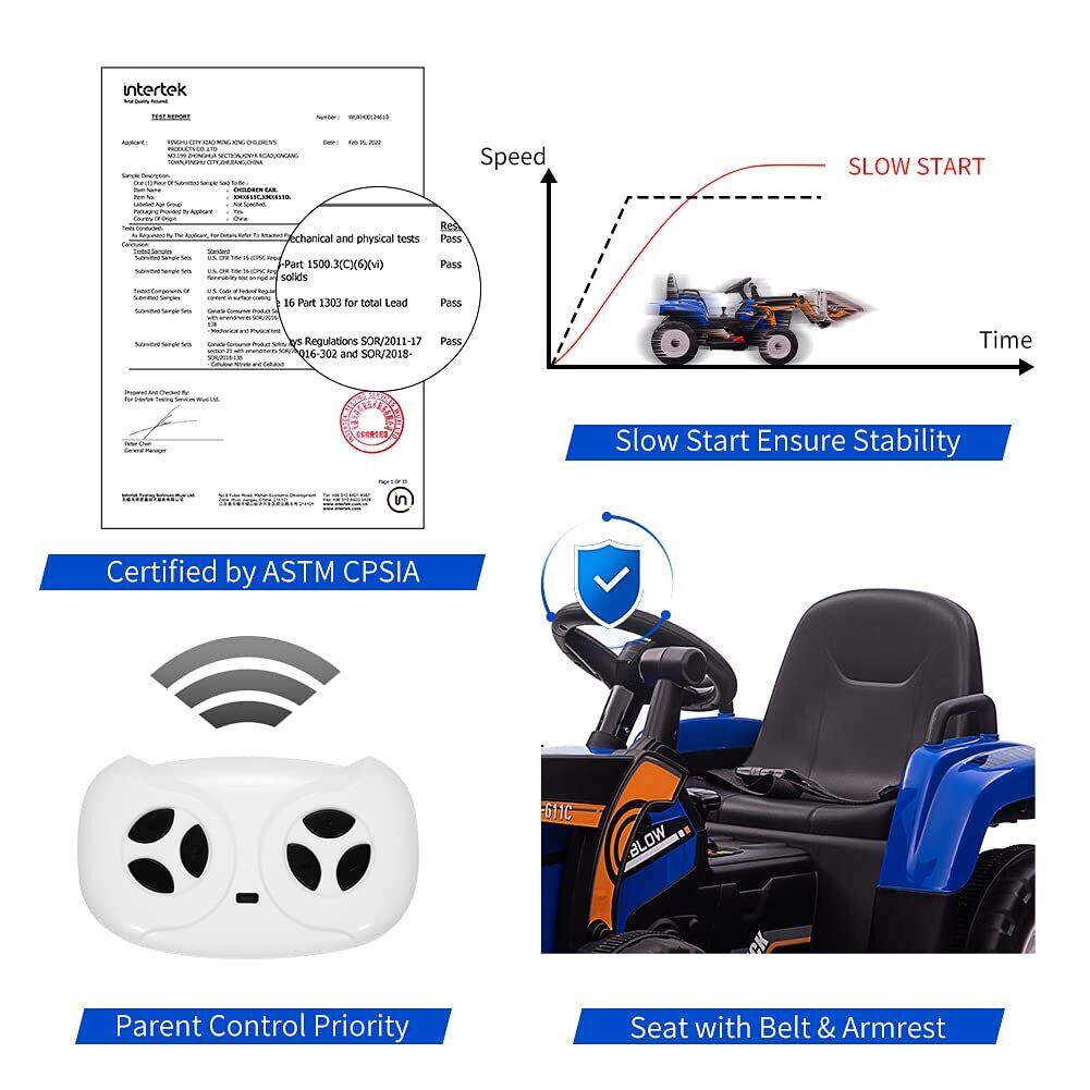 12V Remote Control Excavator Ride-On Car for Kids with EVA Tires - Blue