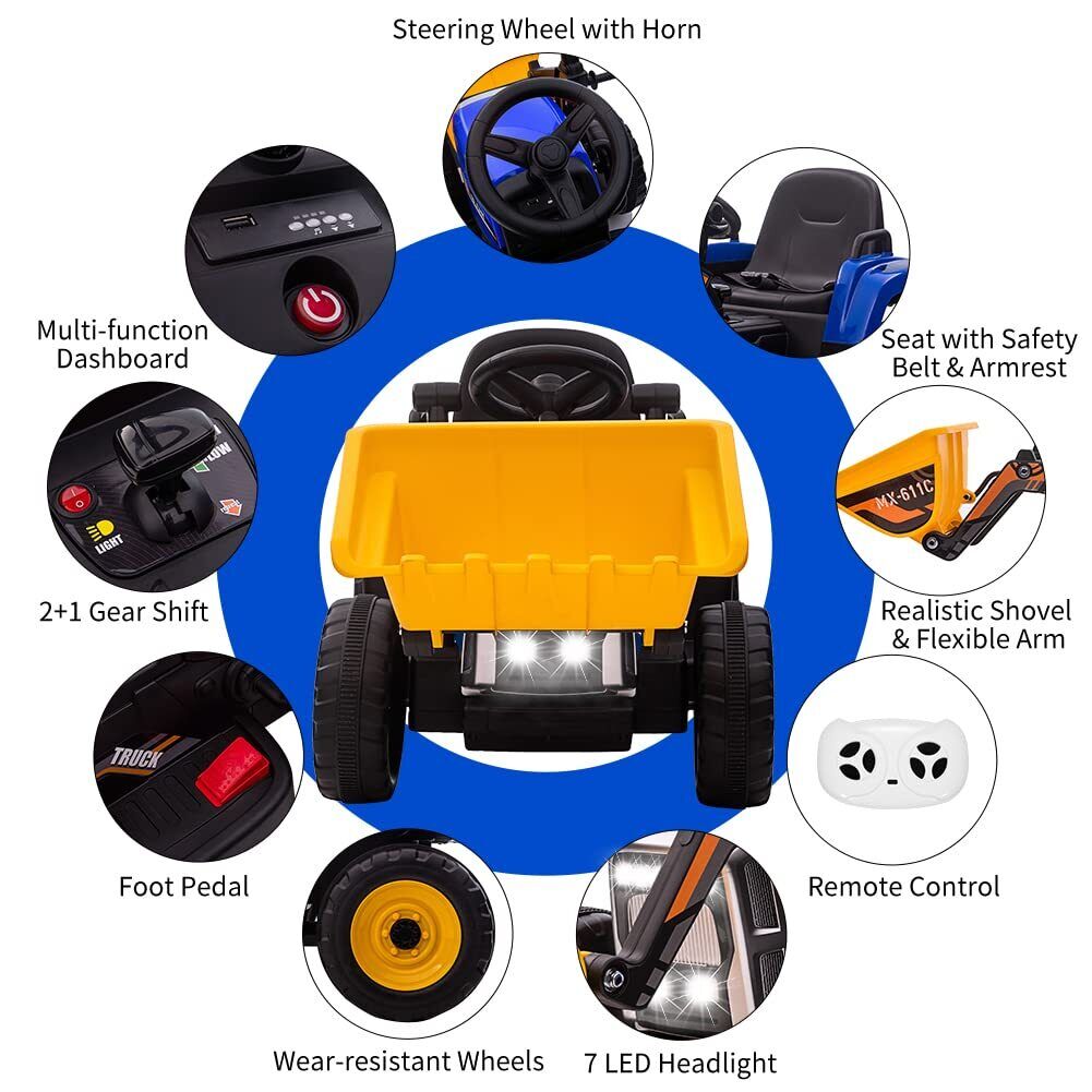 12V Remote Control Excavator Ride-On Car for Kids with EVA Tires - Blue