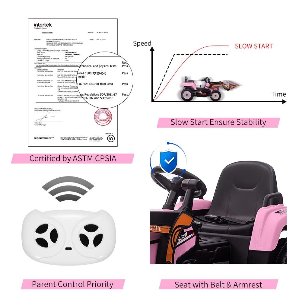 12V Remote Control Excavator Ride-On Car for Kids with EVA Tires - Pink