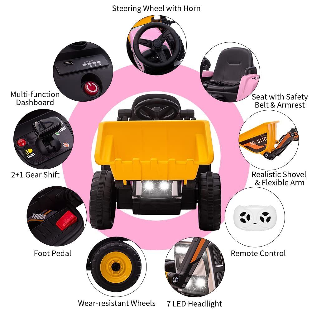 12V Remote Control Excavator Ride-On Car for Kids with EVA Tires - Pink