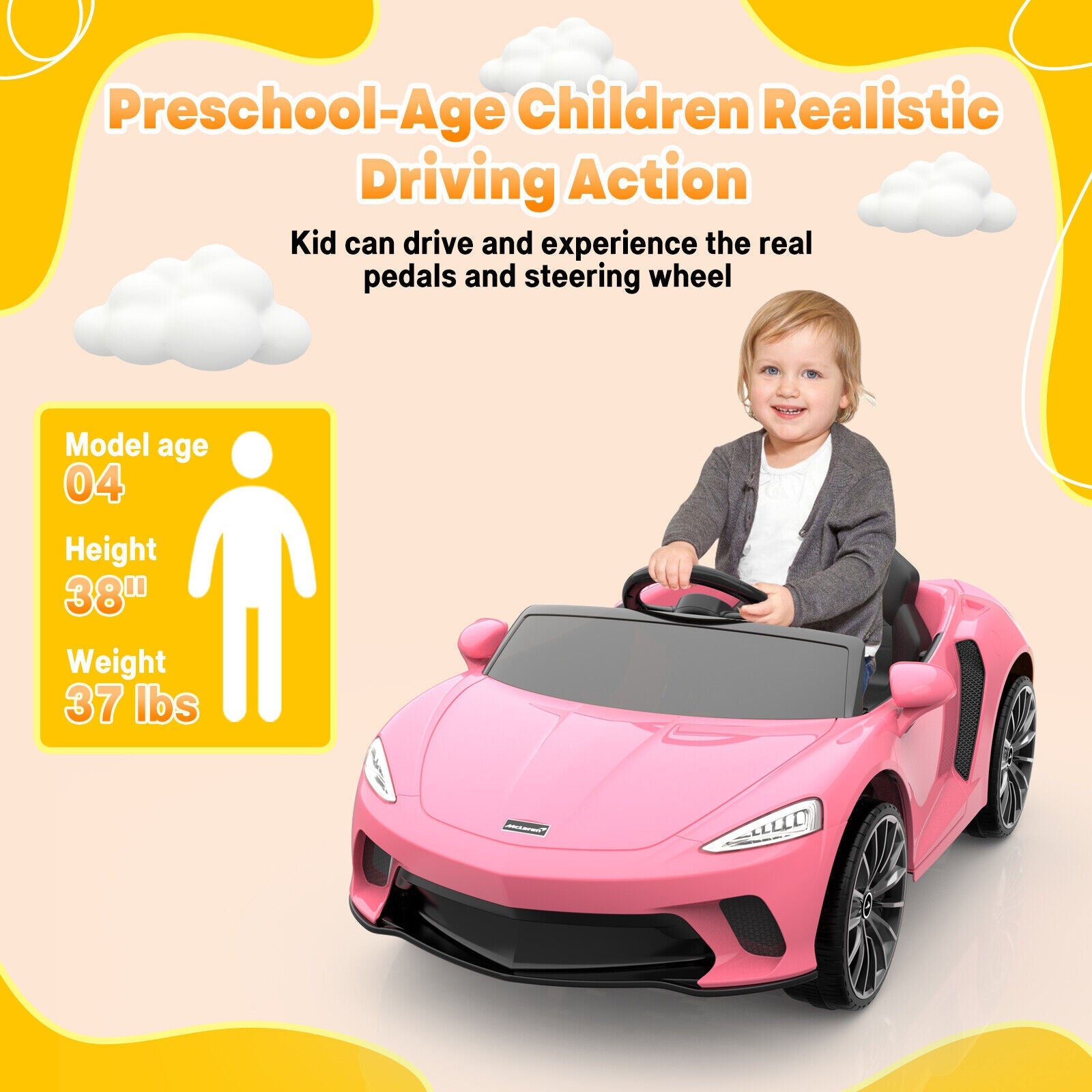 12V Sports Car for Kids with 2 Speeds, Parental Control, Sound Effects, and LED Lights