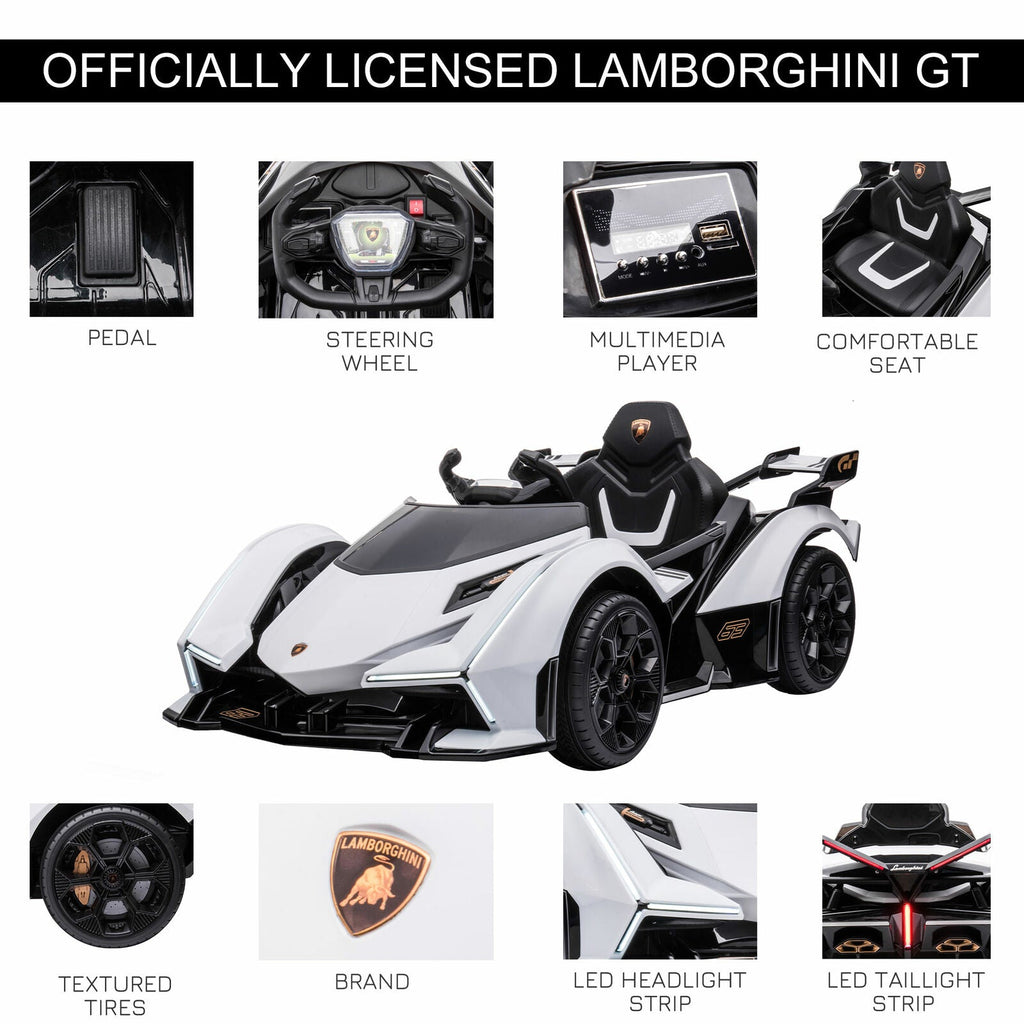12V White Lamborghini GT Kids Ride-On Sports Car with Remote Control