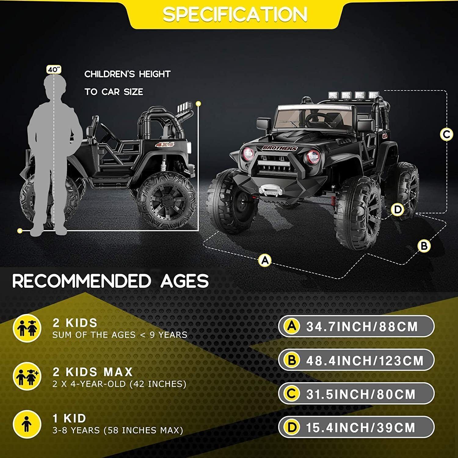 Kids Electric Ride On Jeep with Remote Control, 24V/12V, 3 Speeds, LED Lights