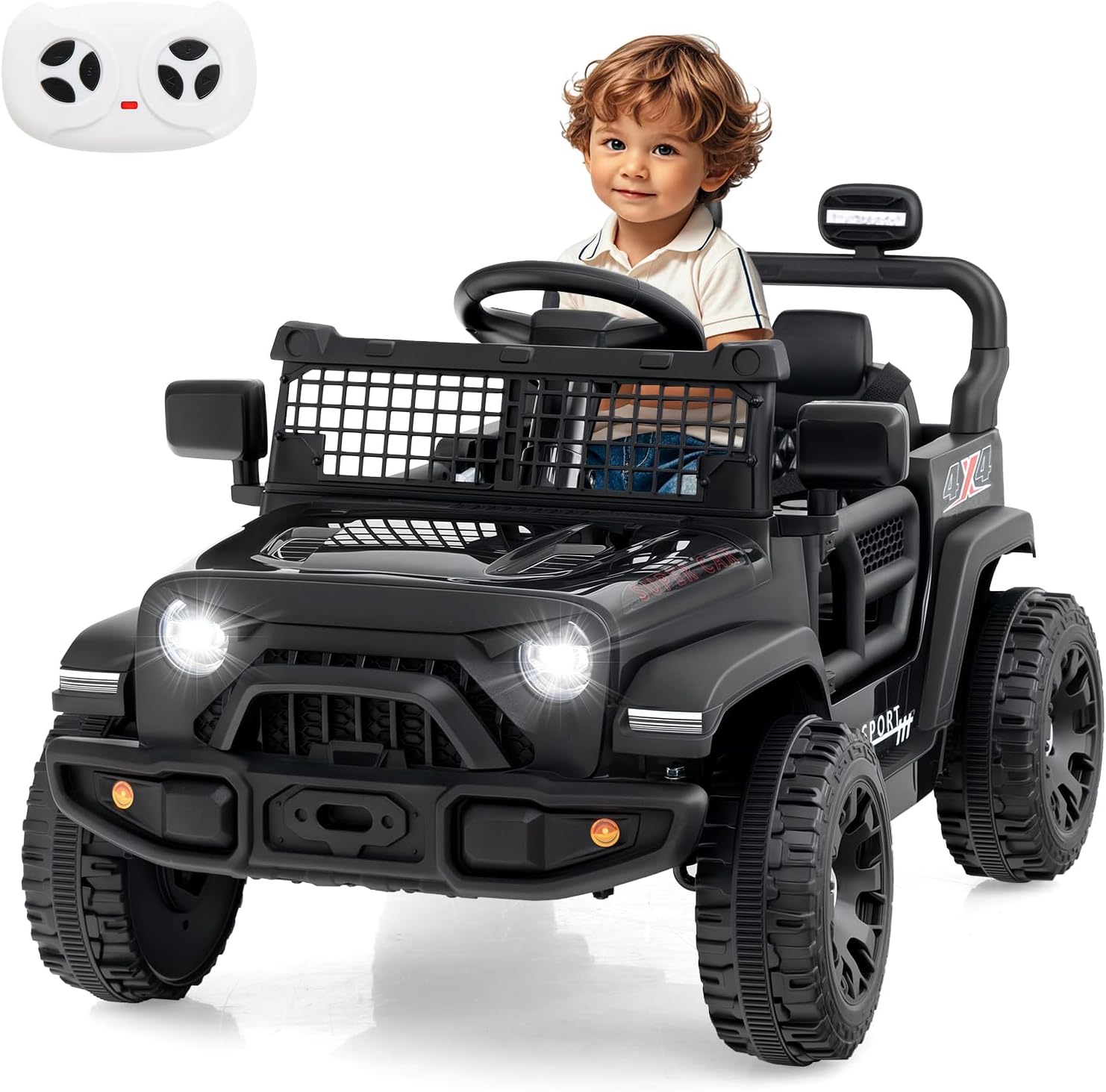 12V Electric Ride On Jeep Toy Car for Kids with Remote Control, USB, Bluetooth, and LED Lights