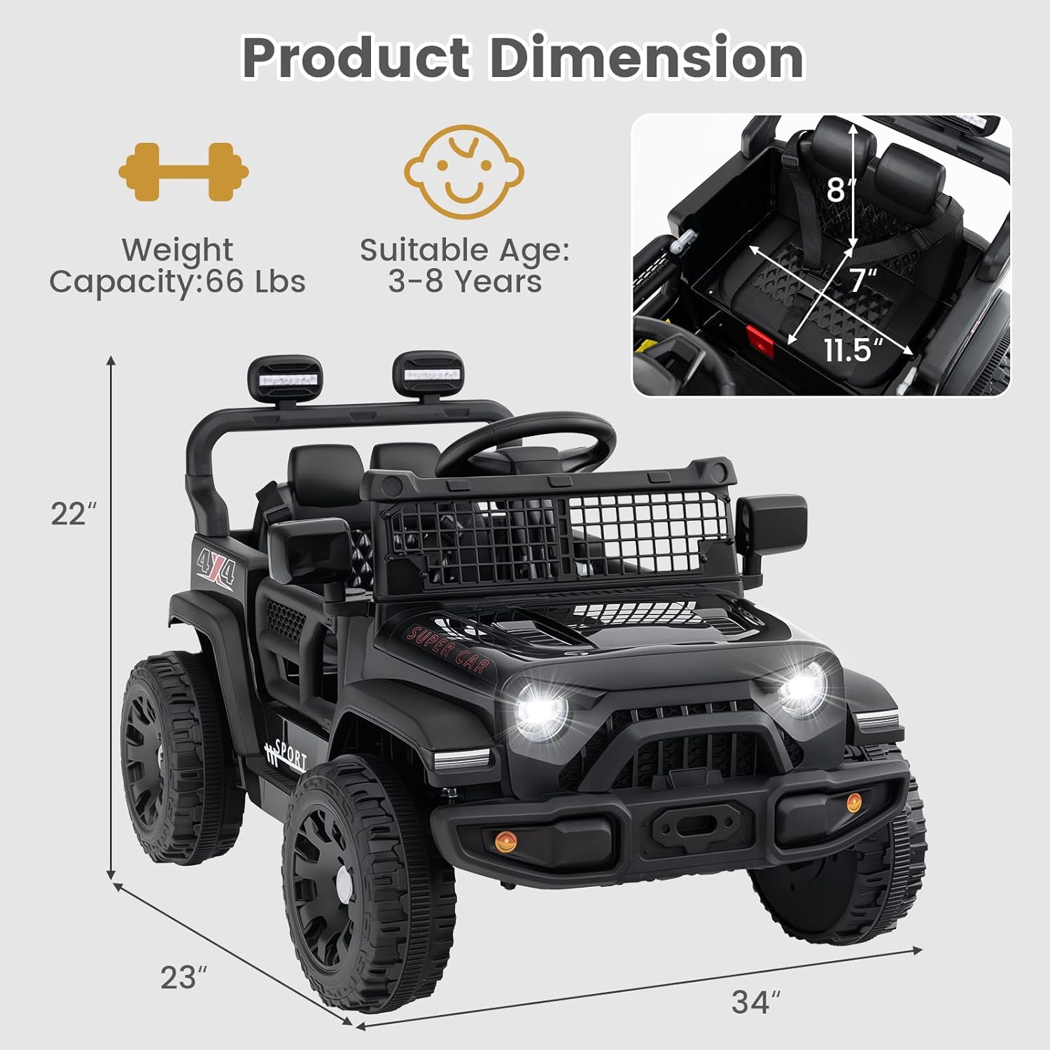 12V Electric Ride On Jeep Toy Car for Kids with Remote Control, USB, Bluetooth, and LED Lights